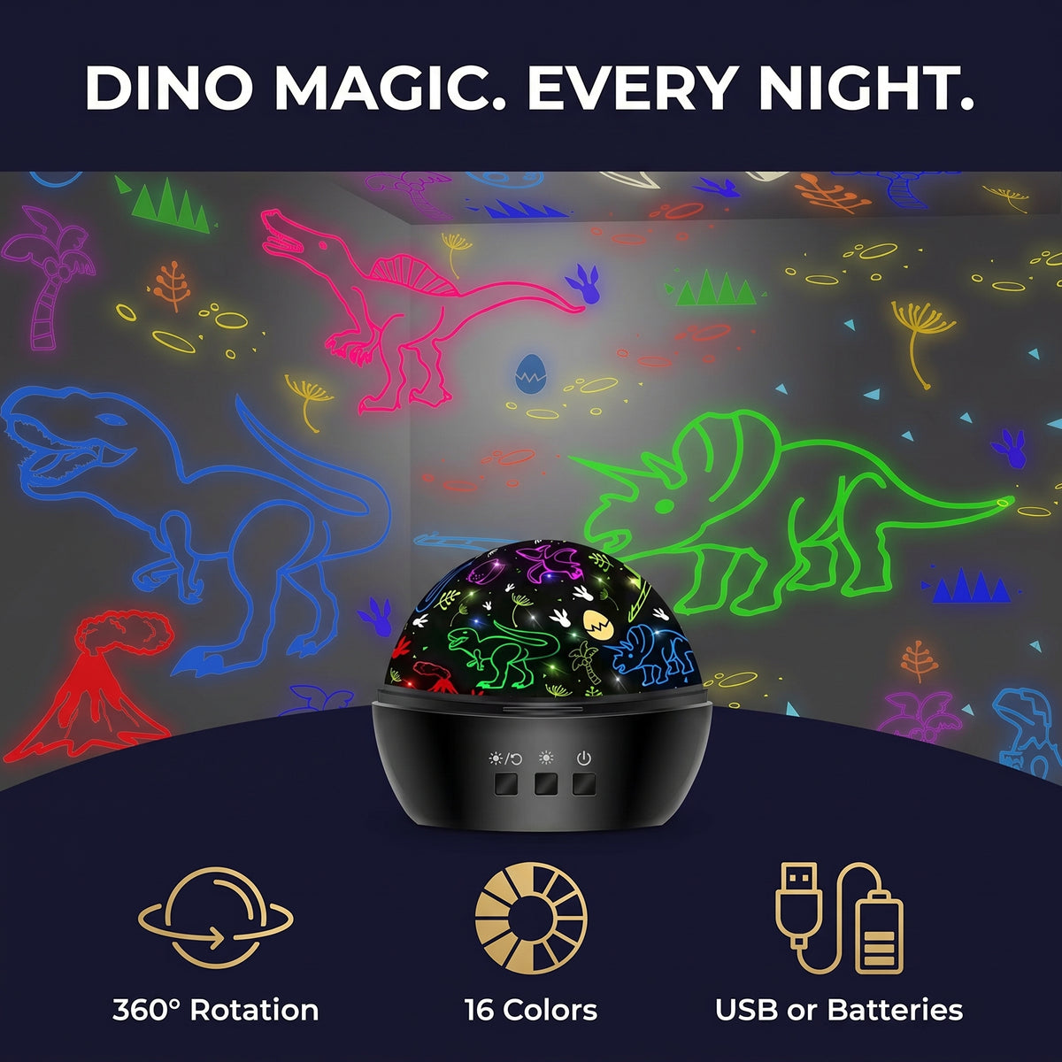 Dino magic every night: 360° rotation, 16 colors, USB or batteries