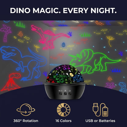 Dino magic every night: 360° rotation, 16 colors, USB or batteries