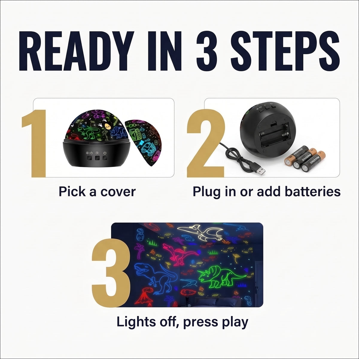 Ready in 3 steps: pick a cover, plug in or add batteries, lights off