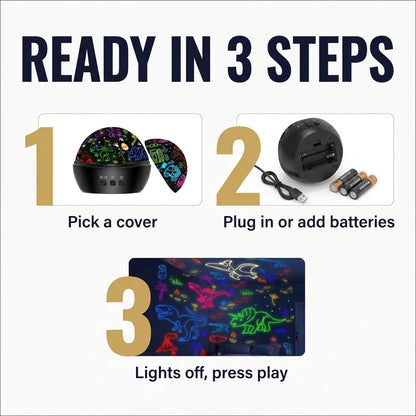 Ready in 3 steps: pick a cover, plug in or add batteries, lights off