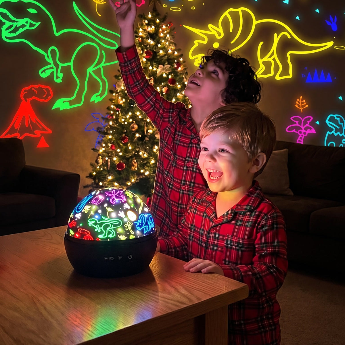 Two boys playing with the dinosaur projection