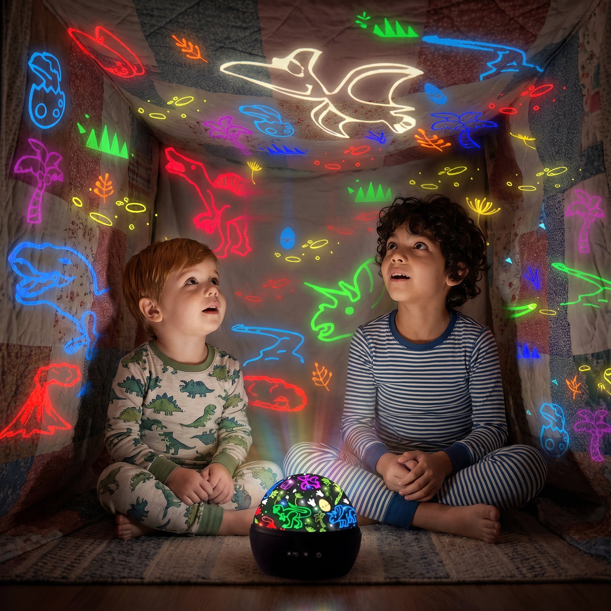 Dinosaur projection inside a sleepover blanket fort
