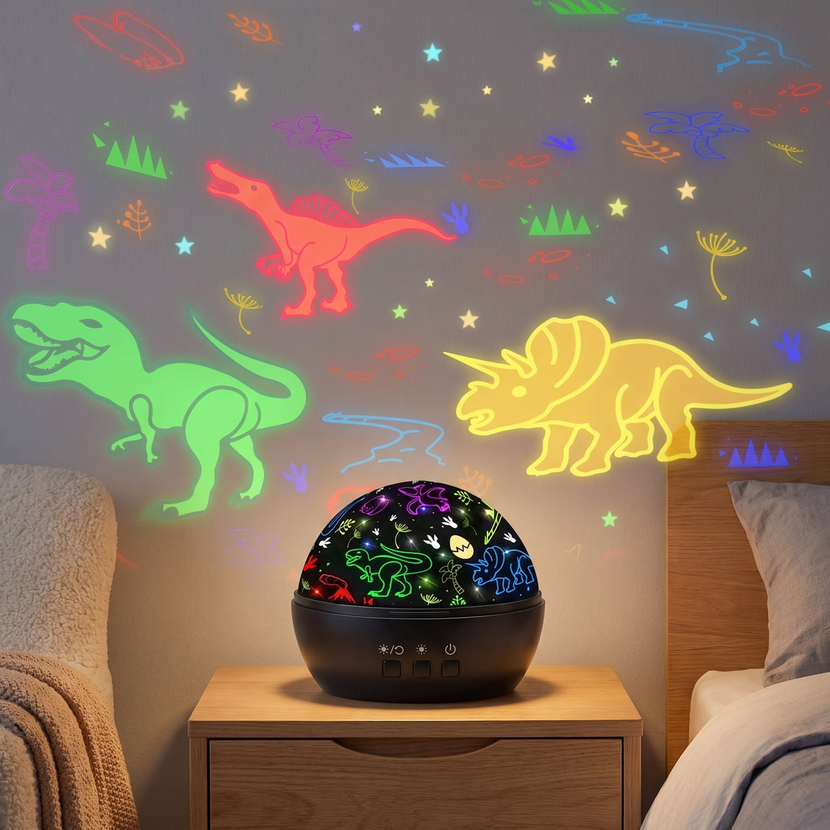 Lights off, press play and the dinosaurs start moving