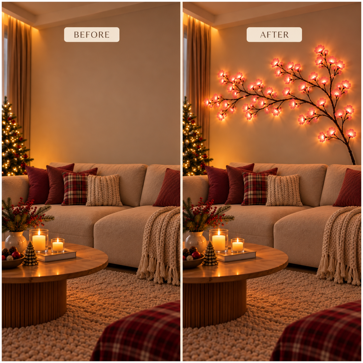 Room before and after displaying the cherry blossom lights