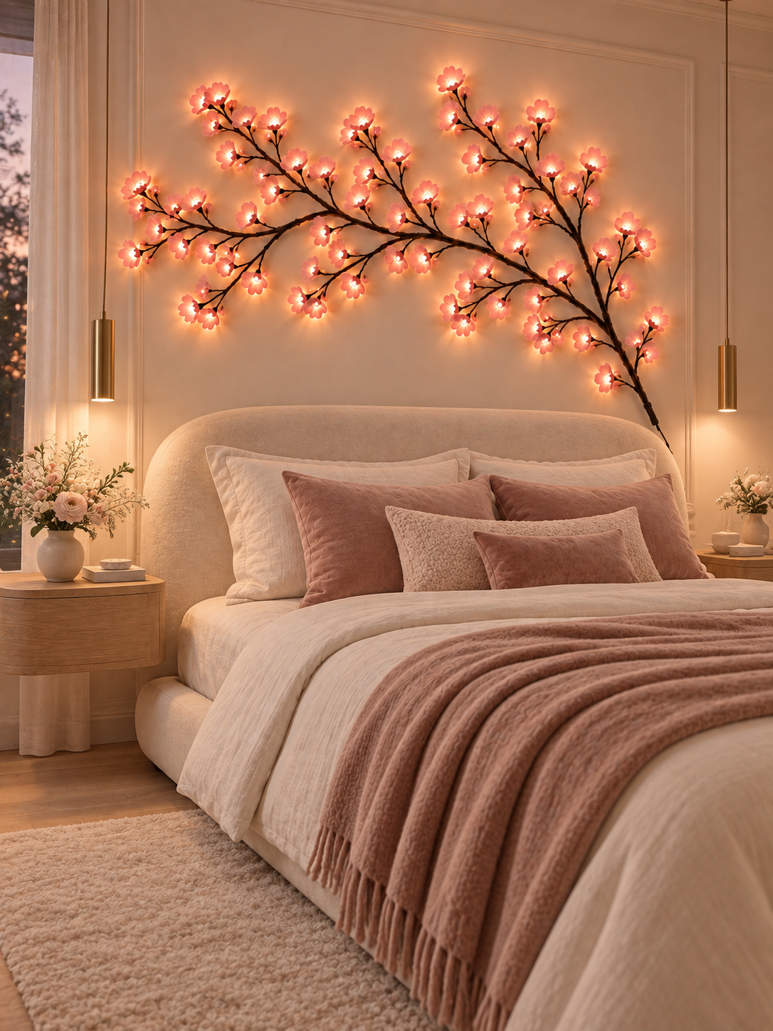 Cherry blossom lights in a modern bedroom