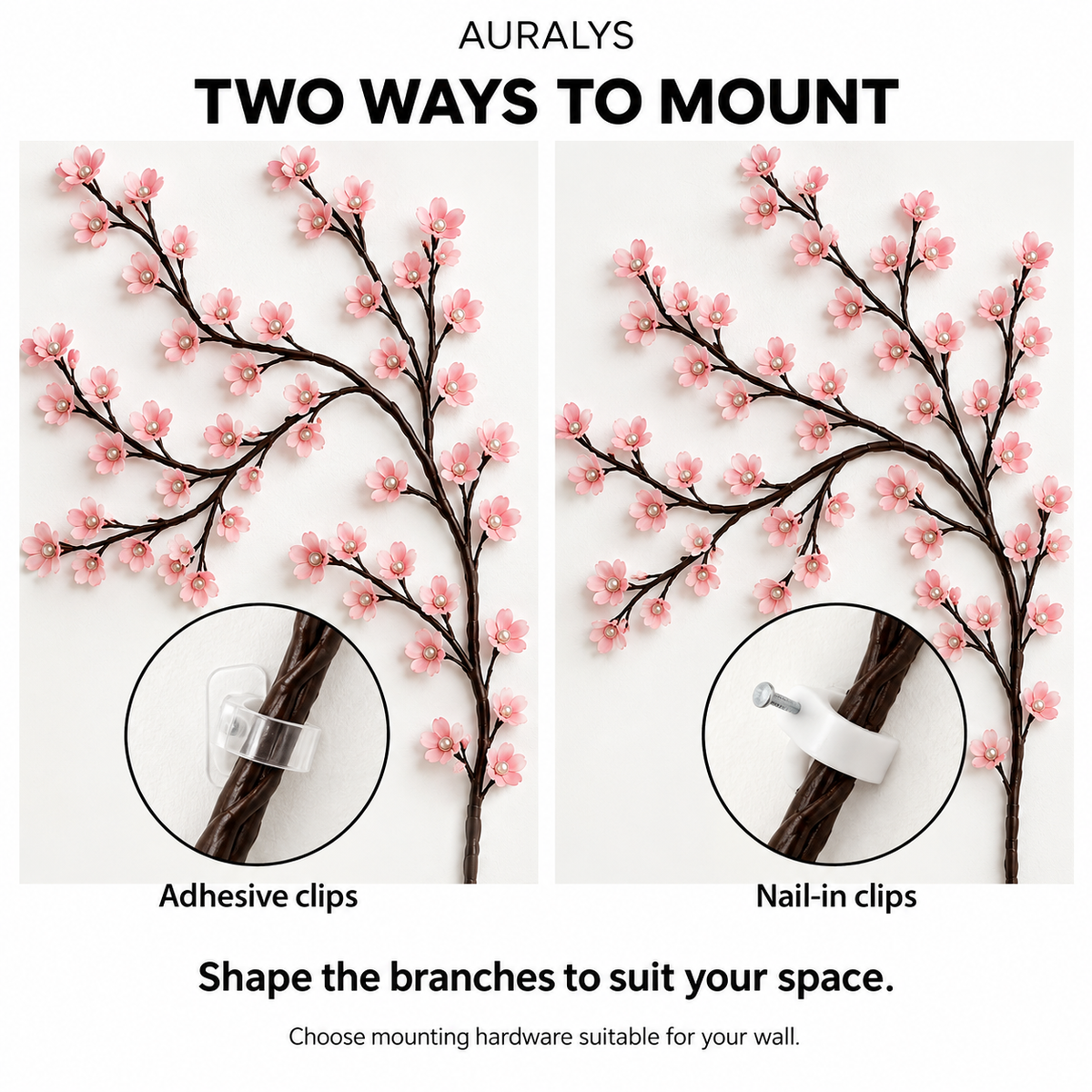 Two mounting methods for cherry blossom branch lights
