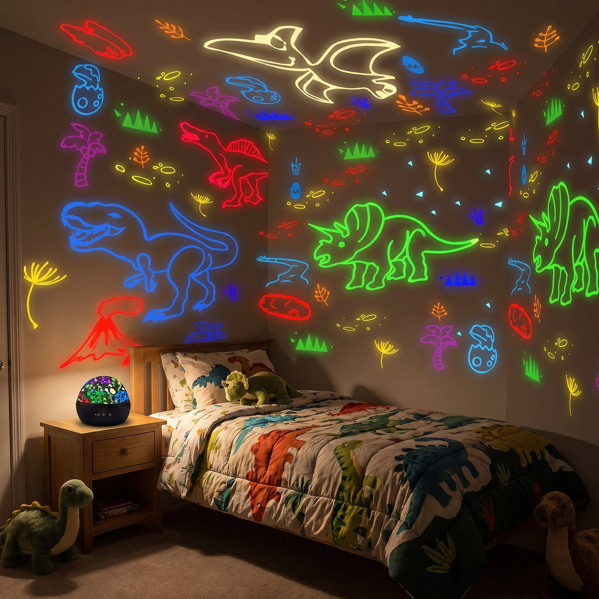 Kid's bedroom at night covered in dinosaur projections