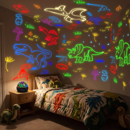Kid's bedroom at night covered in dinosaur projections