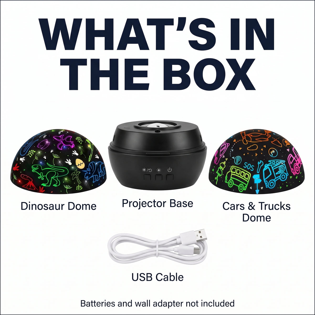 What's in the box: projector base, 2 domes and USB cable