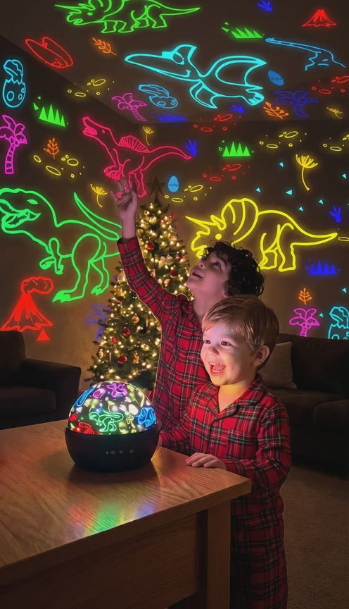 Kids playing with moving dinosaur projections in the living room